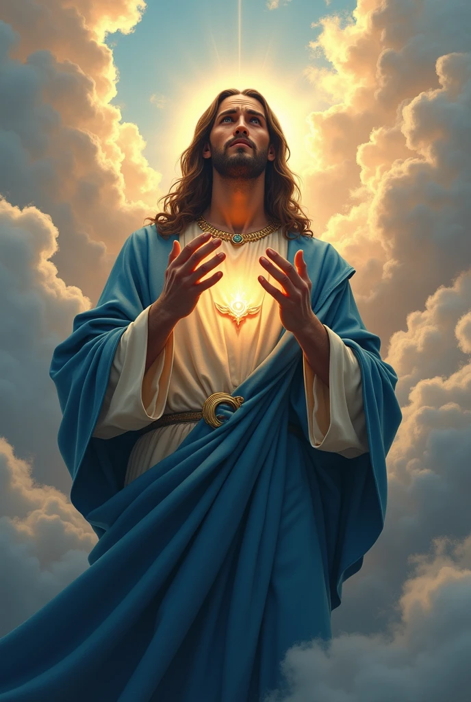 (photorealism:1.2), handsome Jesus Christ, crying while praying in the clouds, wearing blue king clothes with  light in his head and heart spreading all over in the clouds, perfect Jesus Christ, real Jesus Christ, perfect five hands, perfect crying face, elegant, soft lighting, many clouds, stand straight, realistic, intricate details, warm colors, by Earl Cornelio Necor