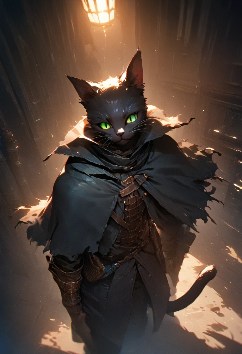 masterpiece, expressive eyes, perfect face, best quality, 1boy, male focus, solo focus, Adult, Tabaxi, Black fur, Cat, Cat tail, Green eyes, Rogue, bloodborne, black capelet,(best quality,4k,8k,highres,masterpiece:1.2),ultra-detailed, HDR, UHD, studio lighting, ultra-fine painting, sharp focus, physically-based rendering, extreme detail description, professional,
