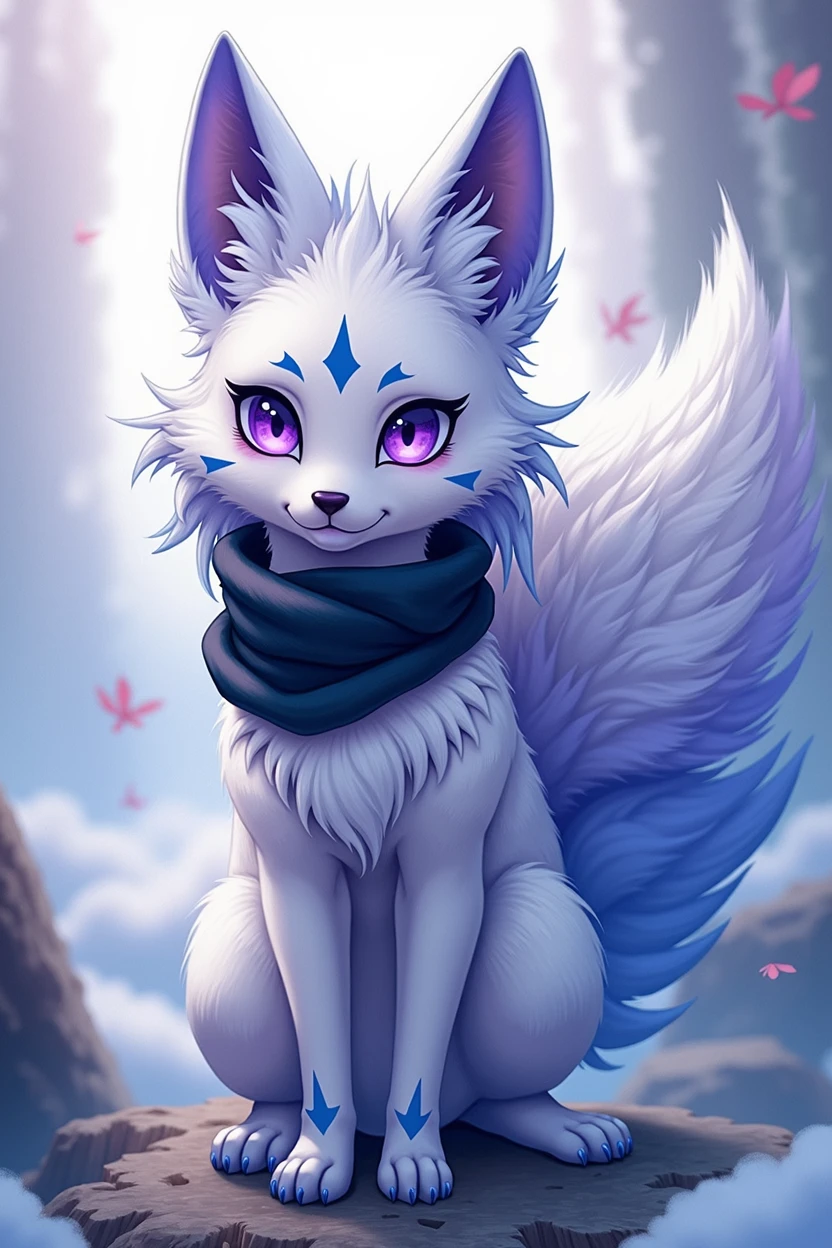 anthropomorphic animal furry fox fennec fox mixed with angel is Kitsune, adult male, the color of the fur is white and a little blue, the color of the eyes purple mixed with blue, hair color white purple blue, long hair, jojos style, a cute and beautiful appearance, ancient blue color kitsune tattoo, 9 tails, ángel wings, female appearance, a shiny black scarf,