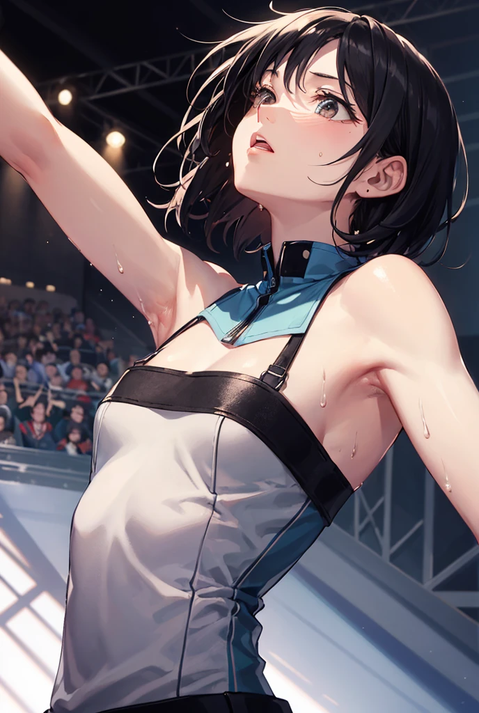 Very Short Hair、Black Hair、Mid-chest、One Woman、Raising left arm、Armpit、In town、Angle looking up from below、confidence、Highest quality、Expressionless、cool、Upper Body、Armpitのアップ、From the side、Staring at the audience、Mouth closed、Armpit sweat、encounter