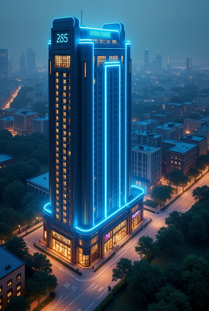 birdseye view, wide building, short building, low rise building, city centre, blue neon lights ,art deco design, urban buildings，streamline moderne，futuristic architecture, Abstraction，modern style，Luxury and Luxury，Future night view，Futuristic decorative elements，Metallic，number line，sci-fi lamp，Virtual Engine，Unreal rendering, neon lights, apartments, restaurants, mixed use, multiple buildings, trees, parks, greenery, grass, green field,
