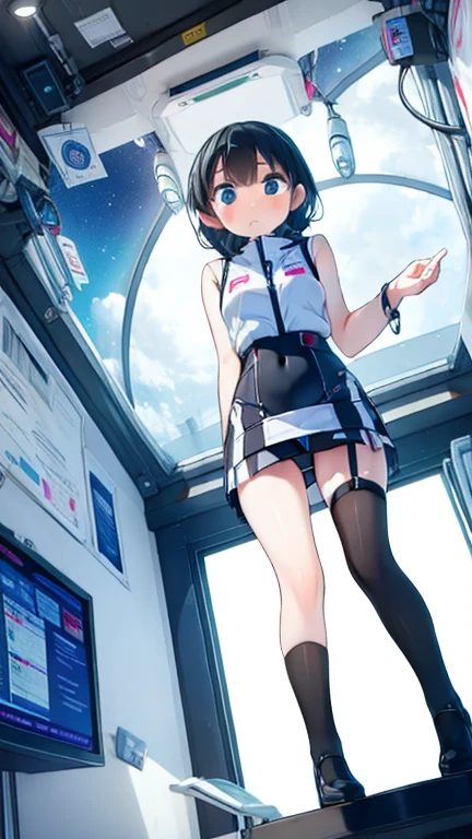 (Highest quality), (masterpiece), 1080P, High resolution, 4K, 8k, Inside the space station、Futuristic room、Thigh straps, Shooting from directly below, The woman on top of me, 白いSweat, Covered , Sweat, Woman looking down, Skirt swimsuit, Thigh-high socks, To achieve this, 16 years old, , whole body, Black leather shoes, Braided hair, Inner Color, Embarrassed face, Short black hair, bracelet, Bedroom,celestial body_Vest