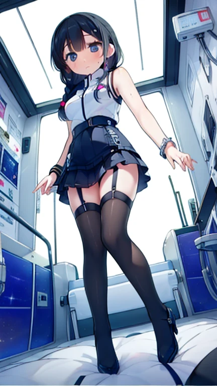 (Highest quality), (masterpiece), 1080P, High resolution, 4K, 8k, Inside the space station、Futuristic room、Thigh straps, Shooting from directly below, The woman on top of me, 白いSweat, Covered , Sweat, Woman looking down, Skirt swimsuit, Thigh-high socks, To achieve this, s old, , whole body, Black leather shoes, Braided hair, Inner Color, Embarrassed face, Short black hair, bracelet, Bedroom,celestial body_Vest