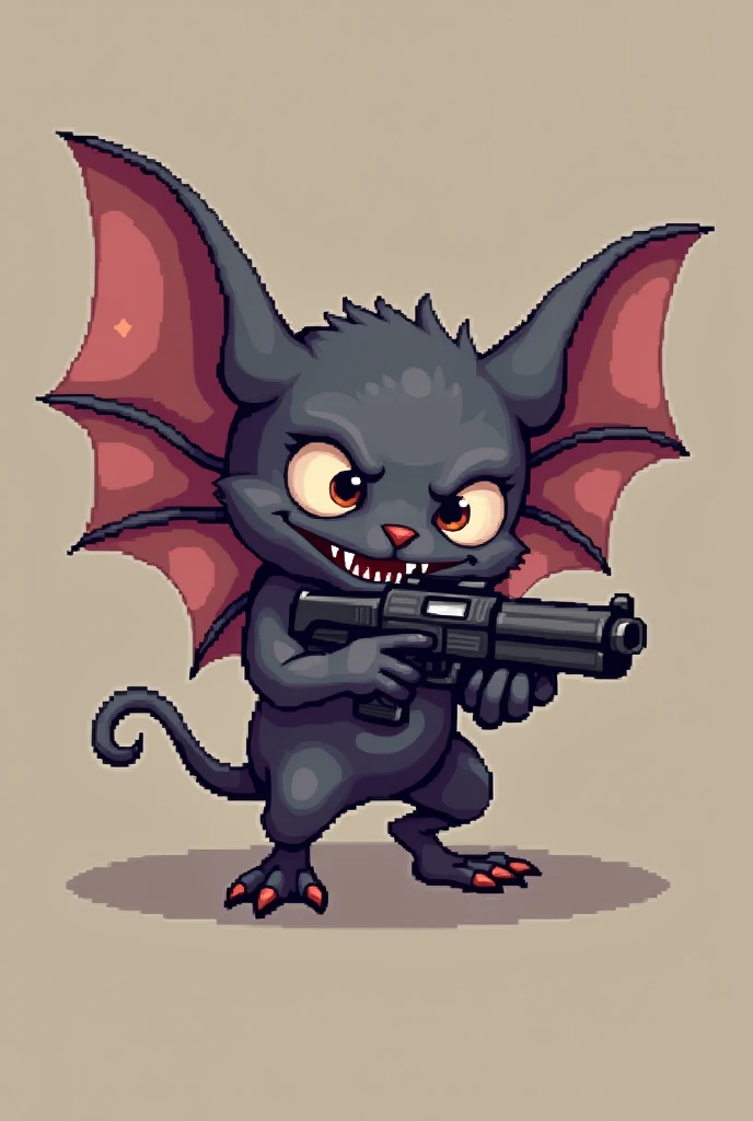 Draw a little bat with a gun,2d sideways in pixel.