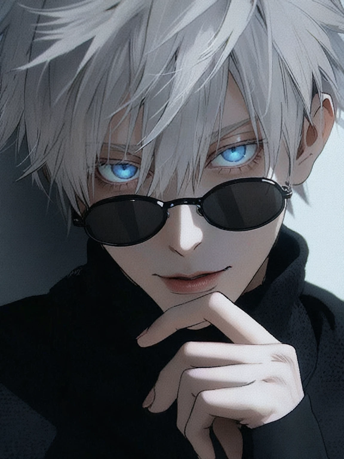 A close-up of a girl wearing a black turtleneck uniform, Satoru Gojo, Satoru Gojo female version, a girl with long hair, wavy white hair with air bangs, bright blue eyes like Satoru Gojo from Jujutsu Kaisen, wearing thin-framed black sunglasses round shape, ((portrait)), ((detailed face:1.2)), ((anime face, anime facial feature, clear skin, glossy anime lips, clear skin) feminine features, fine details, anime, art.