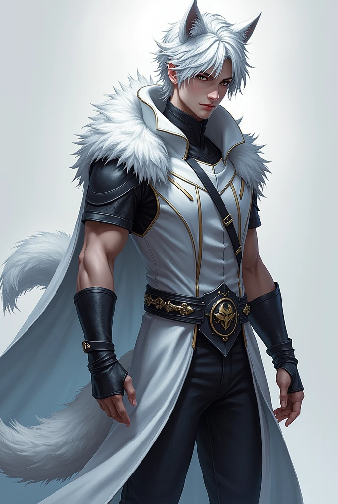 (best quality, masterpiece), young man, muscled, silver hair, white hair, tall, white wolf ears, white wolf tail, silver wolf ears, silver wolf tail, modern clothing