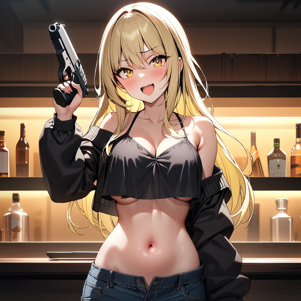 1girl, blonde hair, solo, multicolored hair, yellow eyes, black hair, long hair, Hot girl, baddie, staring, glaring, bad attitude, mean girl, crazy, smoking, bar background, inside bar, indoor,smile, masterpiece,high quality,4k, bare shoulder,belly,crop top,holding pistol,cleavage,casual dress, bar
background, inside bar, indoor,smile, open mouth, (nsfw) not safe for work, evil expression, exposed
belly, exposed navel, exposed midriff, exposed lower belly, crop top overhang, underboob,jacket,
unbuttoned jeans , low rise black jeans, Low rise jeans, Low rise jeans with open fly, navel piercing