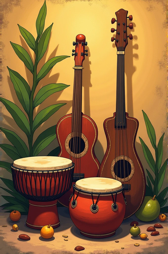 Generate an image of a Djembe,his age,mbira and a Balafon in the same image,and with each person&#39;s name below the illustrations ,no characters,only the instruments