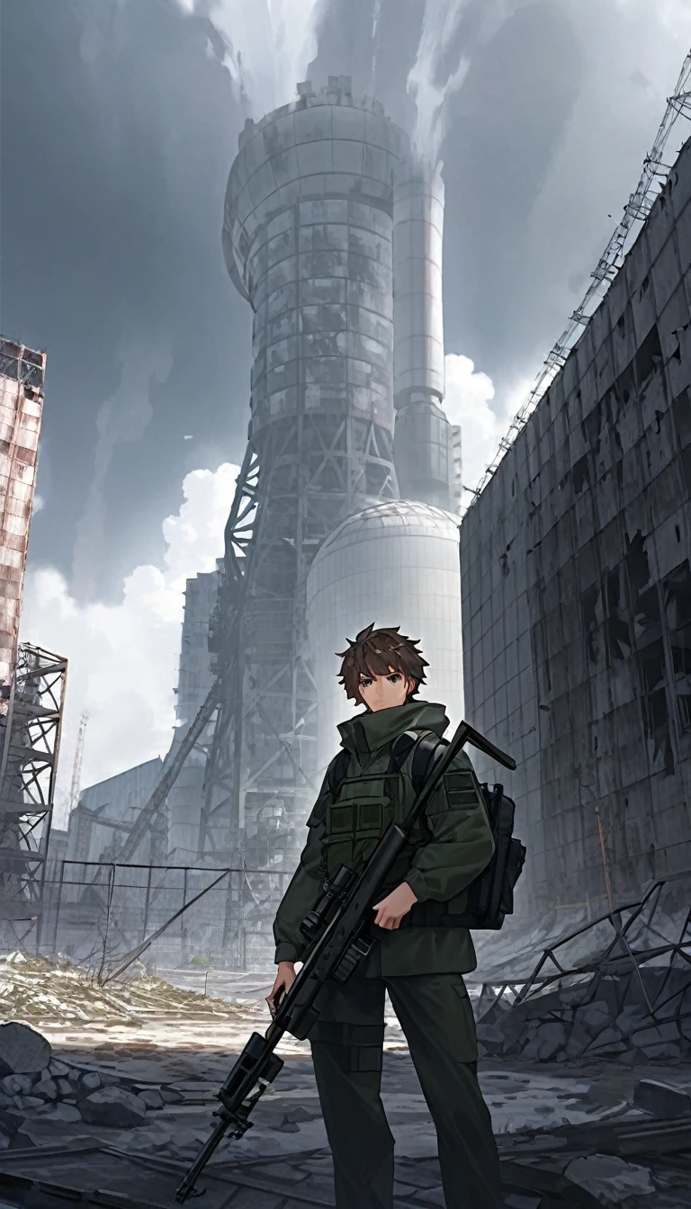 ganyu with sniper rifle, against the backdrop of the destroyed Chernobyl reactor,