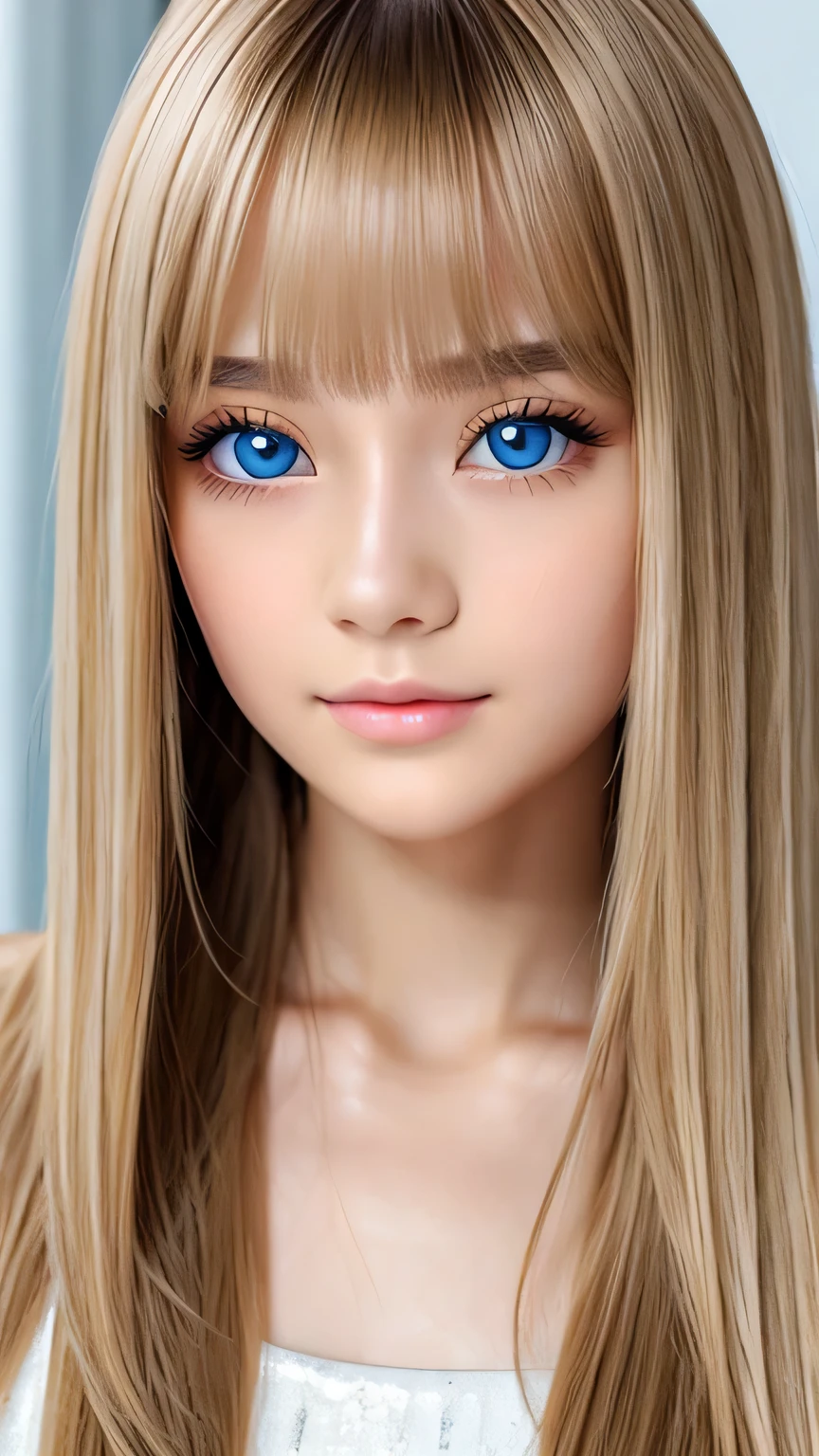 Crystal clear and shiny skin、15 year old cute beautiful face、Very large, beautiful, bright, pale sky blue eyes、Very big eyes、Super long straight hair that shines in the light、Long, silky bangs that cover her cute eyes、Hair that hides sexy features、too long bangs、Sexy and cute young beauty、Super long natural young blonde hair with sparkling highlights Blonde over one eye Blonde over one eye、Blonde hair between the eyes、Cheek gloss highlighter