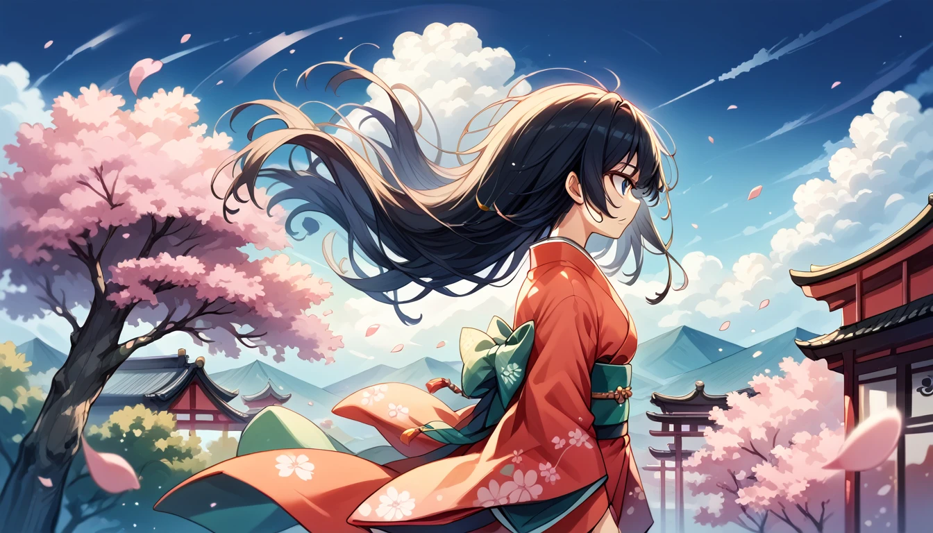 1 girl,Bblack hair, floating hair, seashore,Scenario,paisaje,Cherry blossoms, Falling petals, ray of sunlight,godrays,trunk,  Farbe,don,kimono