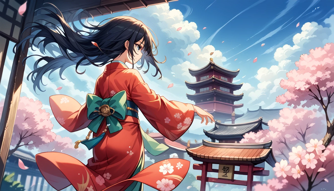 1 girl,Bblack hair, floating hair, seashore,Scenario,paisaje,Cherry blossoms, Falling petals, ray of sunlight,godrays,trunk,  Farbe,don,kimono