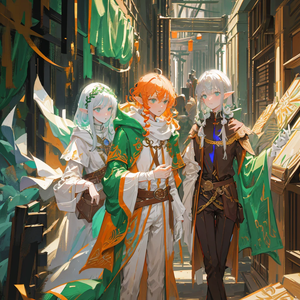 Elf, silver hair, medium hair, medium cut, orange, curly hair, green eyes, slim, fair skin, white robes, green cloak, fingerless gloves, brown pants, belt, androgynous, dignified々 Inside the guild house, an embarrassed face has the expression