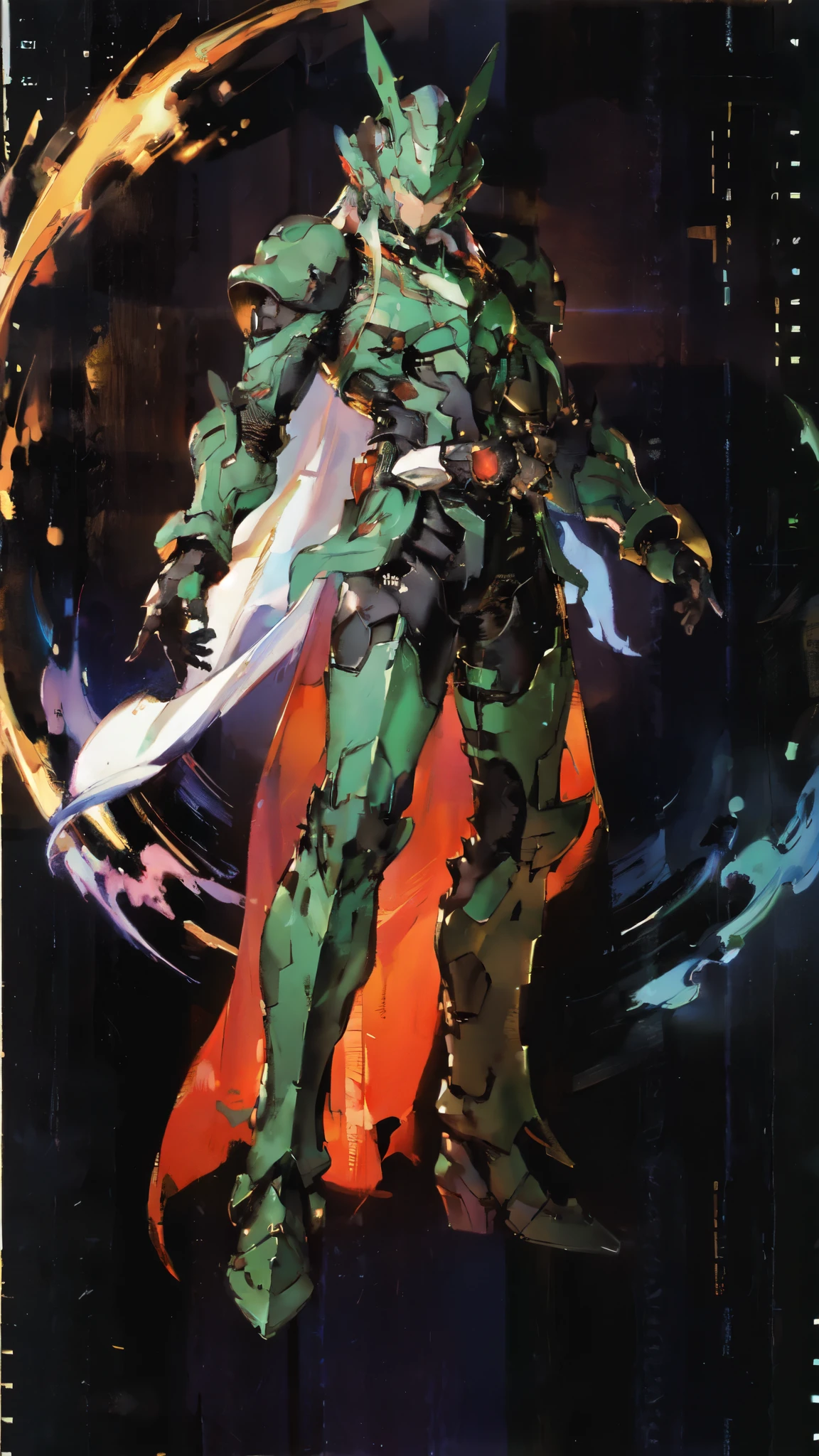 (masterpiece:1.5, best quality:1.5, extremely delicate:1.5, superhero pose:1.5), a man wearing a full-face helmet, a fantasy-style biotech armored combat suit, green eyes, (a composite layered chest armor), fully enclosed shoulder guards, matching arm and leg guards, belt of Neon circuit, (the color scheme is primarily black with green and red accents), the design balances heavy with agility, a high-tech bio-mecha armor, (Armor Concept Inspired by Paladin, stand on the top of a skyscraper in a futuristic sci-fi city), this character embodies a finely crafted fantasy-surreal style armored hero in anime style, exquisite and mature manga art style, (element, plasma, energy, the armor glows), ((male:1.5)), metallic, high definition, highres, ultra-detailed, ultra-fine painting, professional, perfect body proportions, golden ratio, anatomically correct, symmetrical face, extremely detailed eyes and face, high quality eyes, creativity, RAW photo, UHD, 32k, Natural light, cinematic lighting, masterpiece-anatomy-perfect