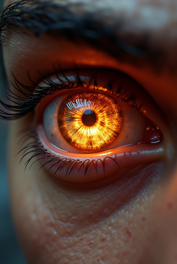 Male eye with fire in the middle , up close , true eyes