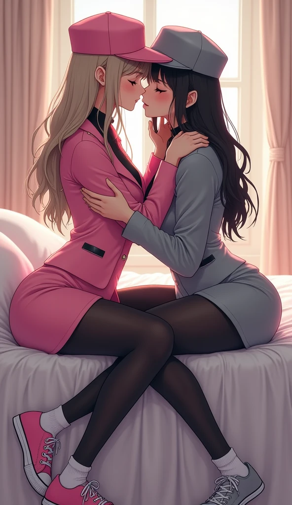 arafed blonde woman in a suit kissing a woman in a suit, lesbian kiss, lesbian embrace, kissing together cutely, woman holding another woman, one blonde and one brunette, kissing each other, kissing together, wearing a strict business suit, in strict suit, two beautiful women in love, portrait of two girls kissing, two girls, kiss mouth to mouth