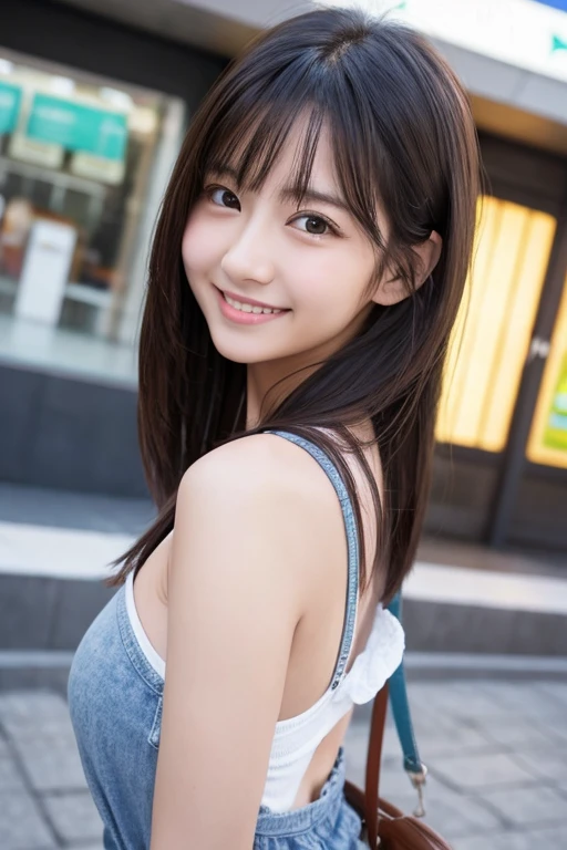 Cute Girls、Large Breasts、、G Cup、Casual clothing、Random hairstyle、whole body、Low - Angle、Meet in front of the station、White skin、smile