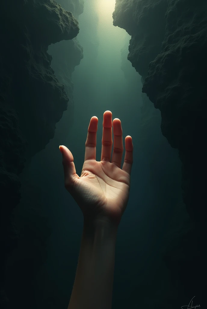 Create an image of a hand trying to reach its soul or existence that deep down there are more things