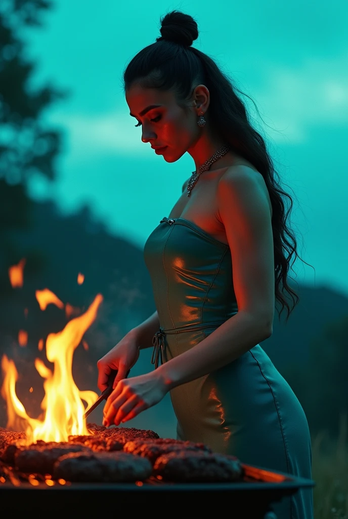 Dark evil anime girl wearing a sexy dress wearing sun glasses in the middle of a dark place like hell with flames lights and shadows