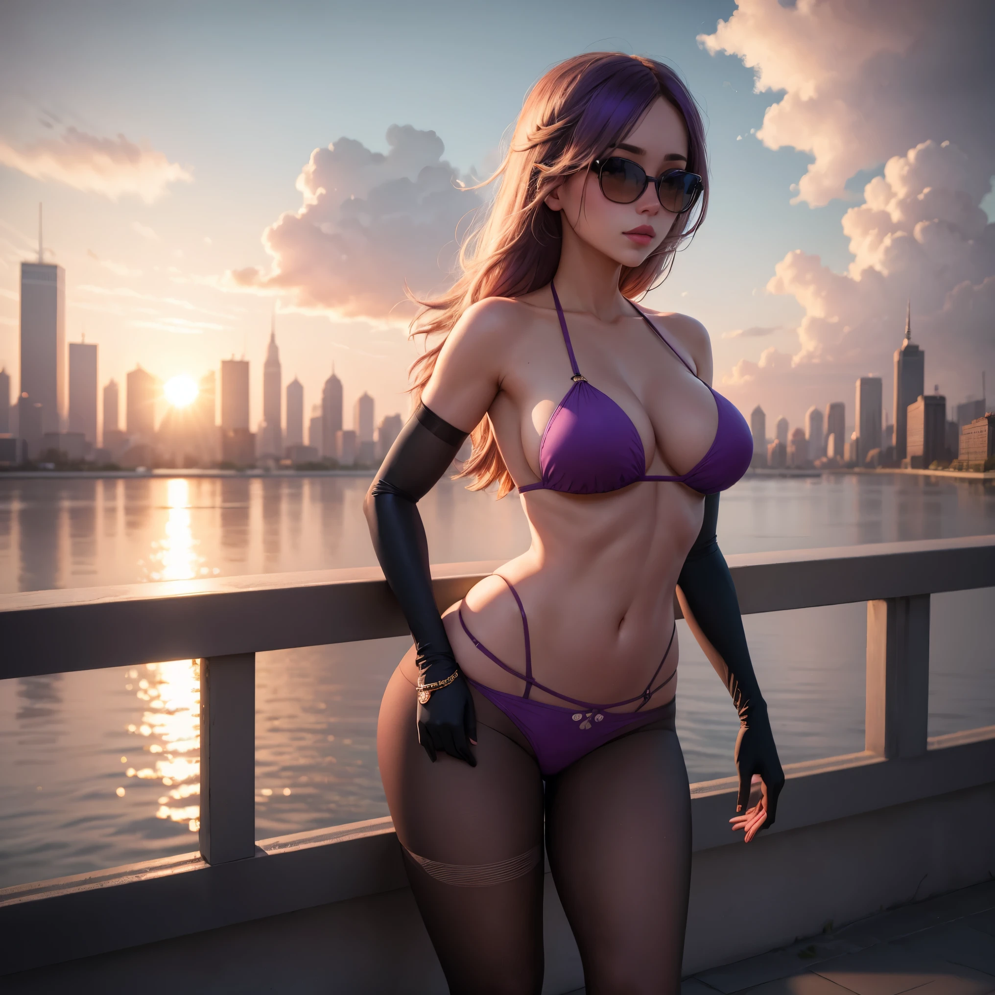 masterpiece, best quality,kfk, 1girl, bangs, bare_shoulders, skirt, breasts, gloves, jewelry, large_breasts, long_hair, long_sleeves, pantyhose, purple_eyes, purple_hair, shirt, solo,viewer,sunglasses,bikini, (sun, cloud,renaissance city around water,outdoors :1.1),rendered in blender((isometric)),
