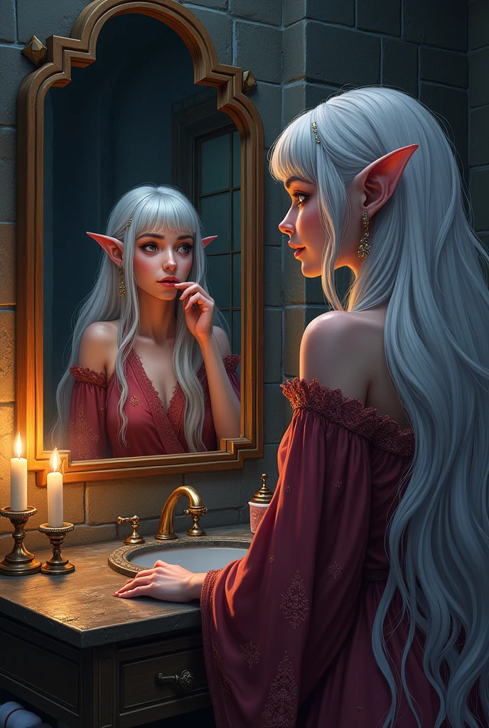 (Ultra-detailed face, looking away, Fantasy Illustration with Gothic, Ukiyo-e, Comic Art, Rich colors),
BREAK
(This is the powder room of a medieval Scandinavian style stone and wood mansion. It has moody lighting and a modern wooden vanity table.),
BREAK
(DarkElves: A young-aged dark elf woman with silver color hair, blunt bangs, very long disheveled hair and dark purple color skin, lavender color eyes),
BREAK
(A female dark elf wears a reddish-bronze lace robe with reliefs and soft slippers.),
BREAK
(A dark elf woman happily turns her back and looks in the mirror as she applies lipstick and puts on earrings.)