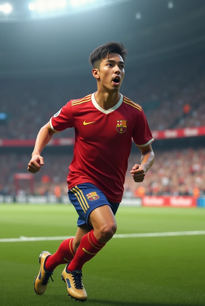 Joueur de foot espagnol de 17ans et de 1m86
Visage : normal
Carnation : métisse
Yeux : marrons 
Sourcils : peu epais
Nez : petit
Bouche : normale
Pommettes et mâchoire : carrés
Menton : normal 
Oreilles : normal
Cheveux : mid taper noir
Pilosité : légère moustache
Le joueur marque un but