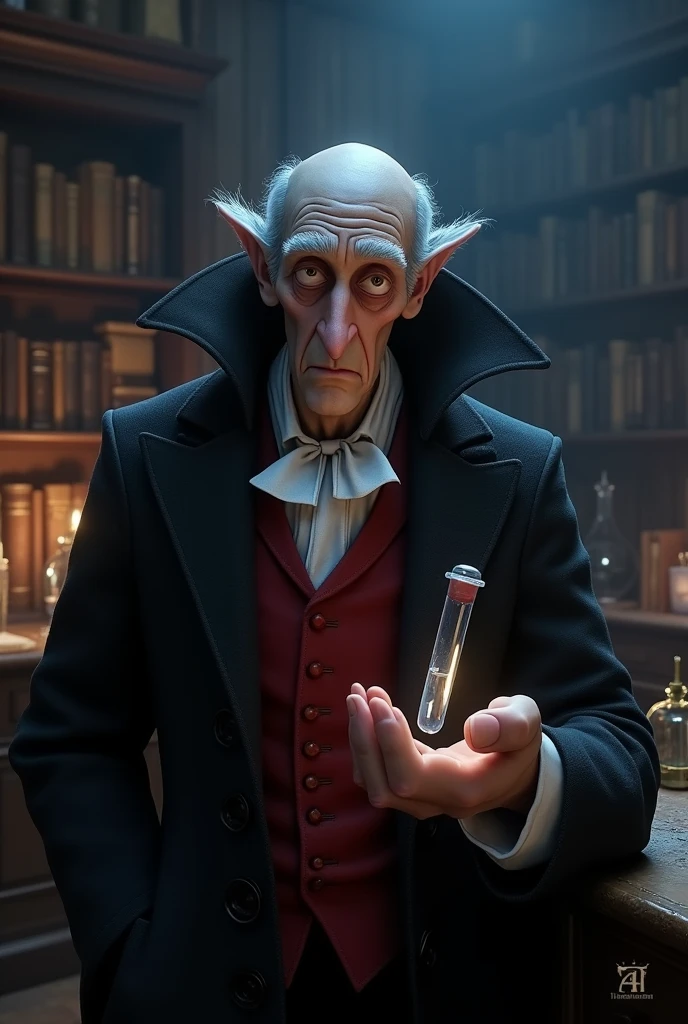 I want the character from the movie Hotel Transylvania, Dracula's father, sad with a test tube in his hand