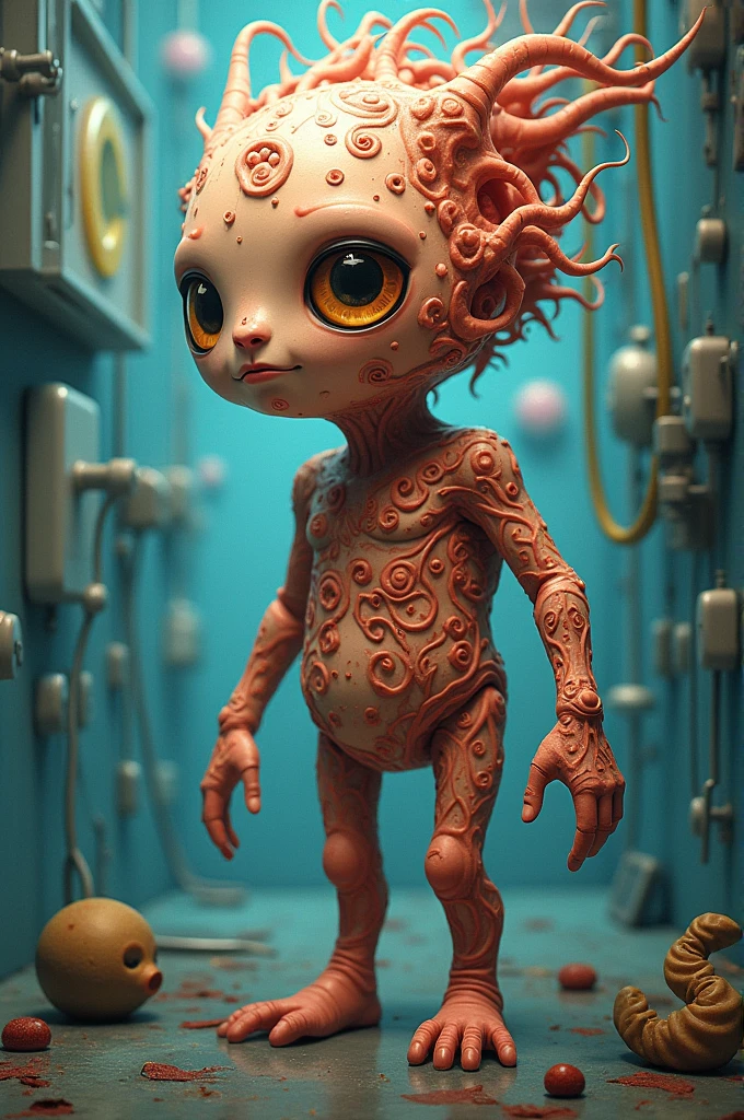 A pink female monster with a round head, dark pink hair, lipstick, elastic neck, arms, belly and legs in a completely destroyed factory setting with old machines.
