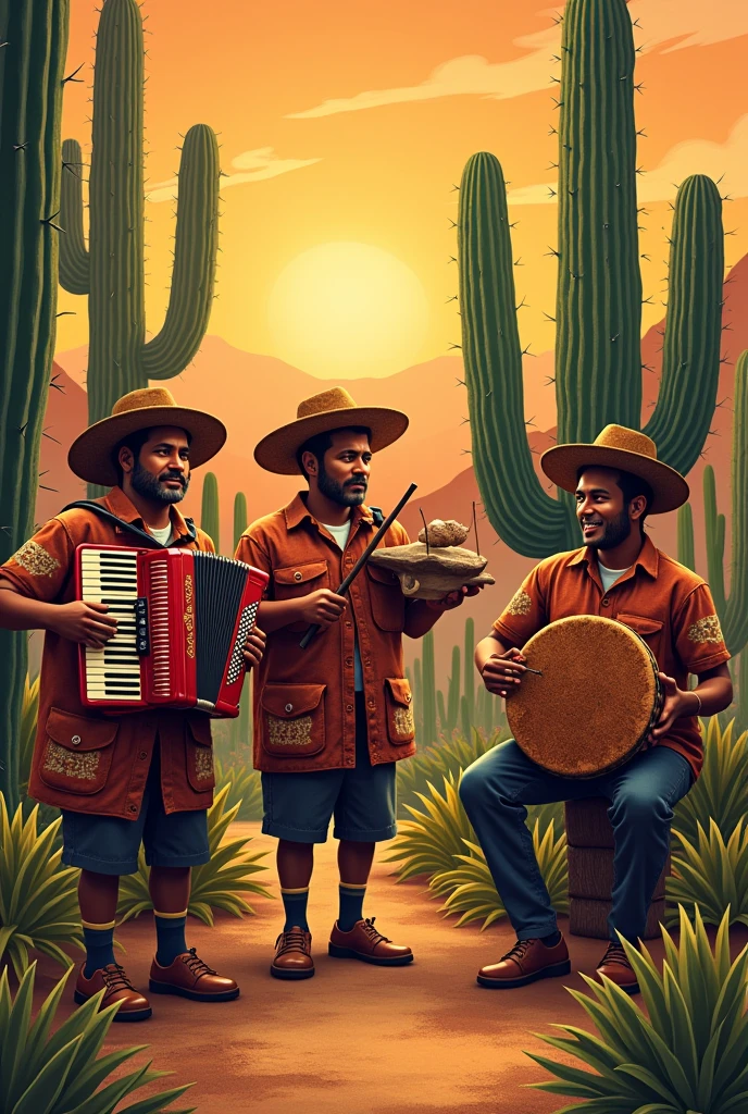An image of northeastern Brazil with cacti, with orange and brown tones, with accordion, zabumba and musical triangle, 