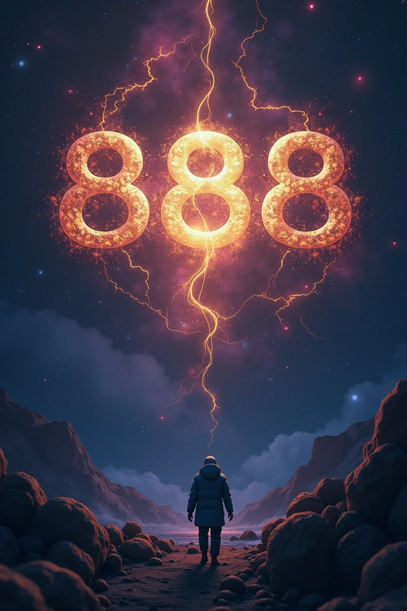 give me an image with the writing 888 and an astral background