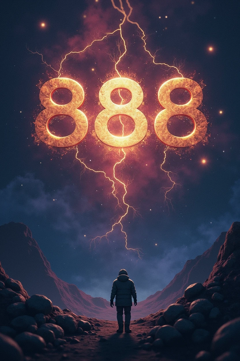 give me an image with the writing 888 and an astral background