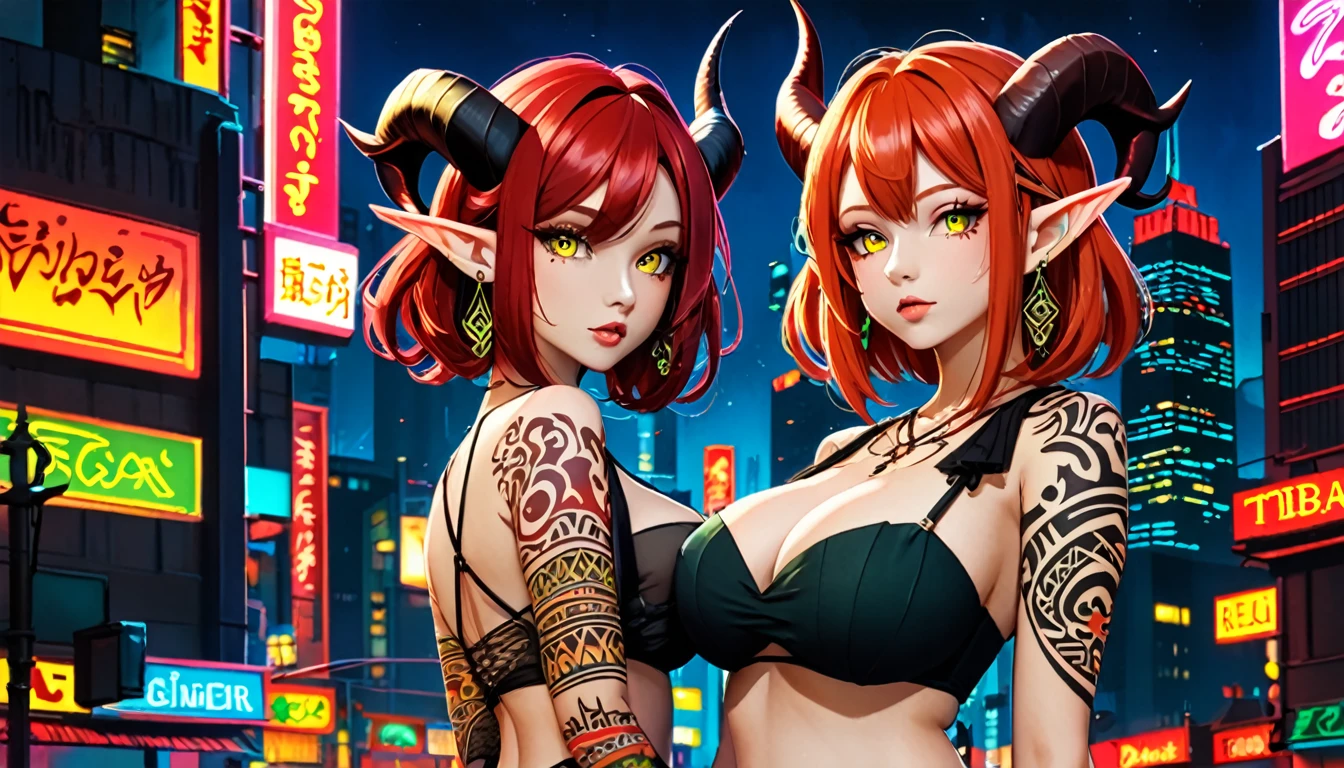 Sexy elf pointy ears with earrings, medium hair, redhead, beautiful yellow eyes, big black horns on head, big breasts, Langerie Red, tribal tattoo on shoulder, City Night Neon background