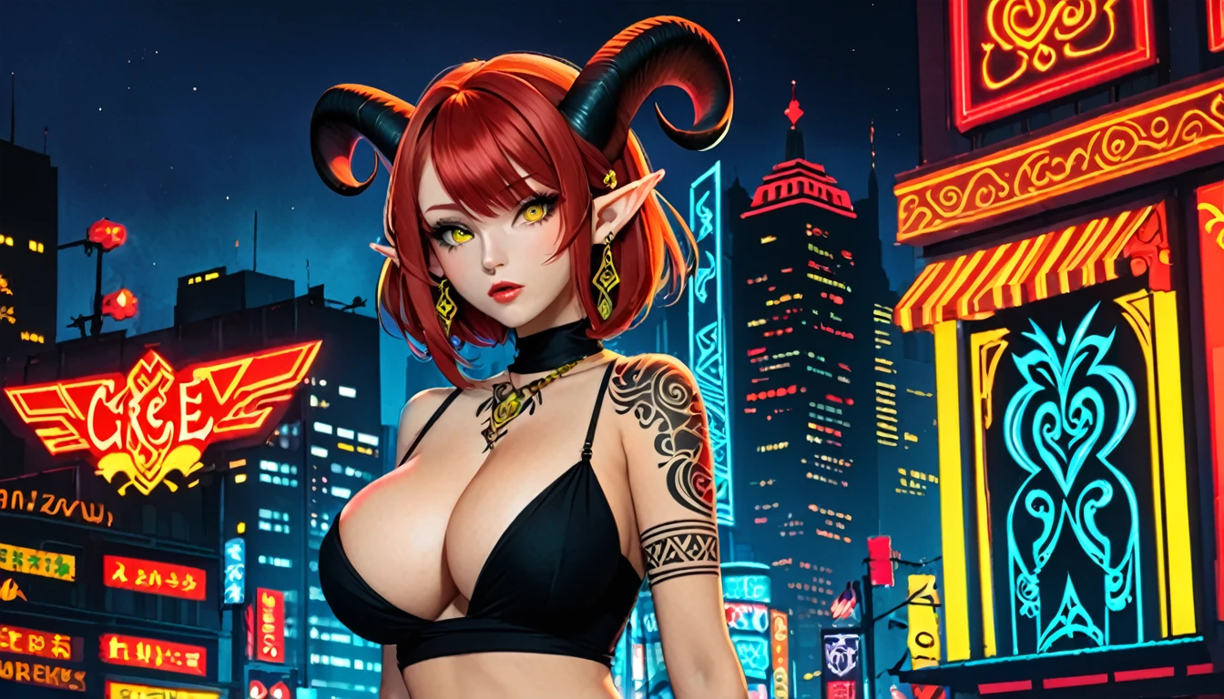 Sexy elf pointy ears with earrings, medium hair, redhead, beautiful yellow eyes, big black horns on head, big breasts, Langerie Red, tribal tattoo on shoulder, City Night Neon background