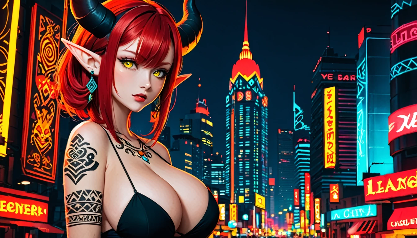 Sexy elf pointy ears with earrings, medium hair, redhead, beautiful yellow eyes, big black horns on head, big breasts, Langerie Red, tribal tattoo on shoulder, City Night Neon background