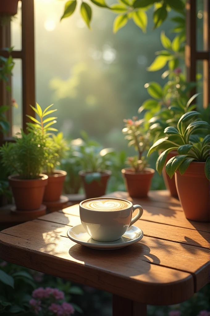 A coffee cup with latte art is placed on a cafe table with sunlight filtering through the trees.。There are lots of potted plants around the table.