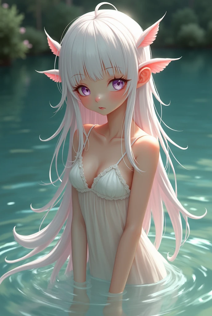 (((Top quality, 4k, 8k, high resolution, masterpiece: 1.2))), (super detailed), (realistic), (photorealistic), (photorealistic: 1.37), (HDR, UHD), (studio (lighting)), ultra-fine drawing, sharp focus, physically based rendering, highly detailed, professional, vibrant colors, perfect ditaile hand, highly detailed realistic eyes, anime, kawaii, qute, (((night, late night, dark, moonlight))), forest, deep forest, small lake,(((One Woman, one girl))), (((to enter a lake, to enter the water, to wad up to one's waist in water))),(((back turned, look back))), looking at viewer, Blonde, Long Hair, Elf Ears, (((Pure white camisole, translucent pure white camisole, see-through pure white camisole, long pure white camisole, lace pure white camisole, silk pure white camisole))), (((White tank top, Wet and transparent tank top, White running shorts, wet and see-through running shorts))), (((hair wet, Naked wet))), (((Long shot, Distant view))),