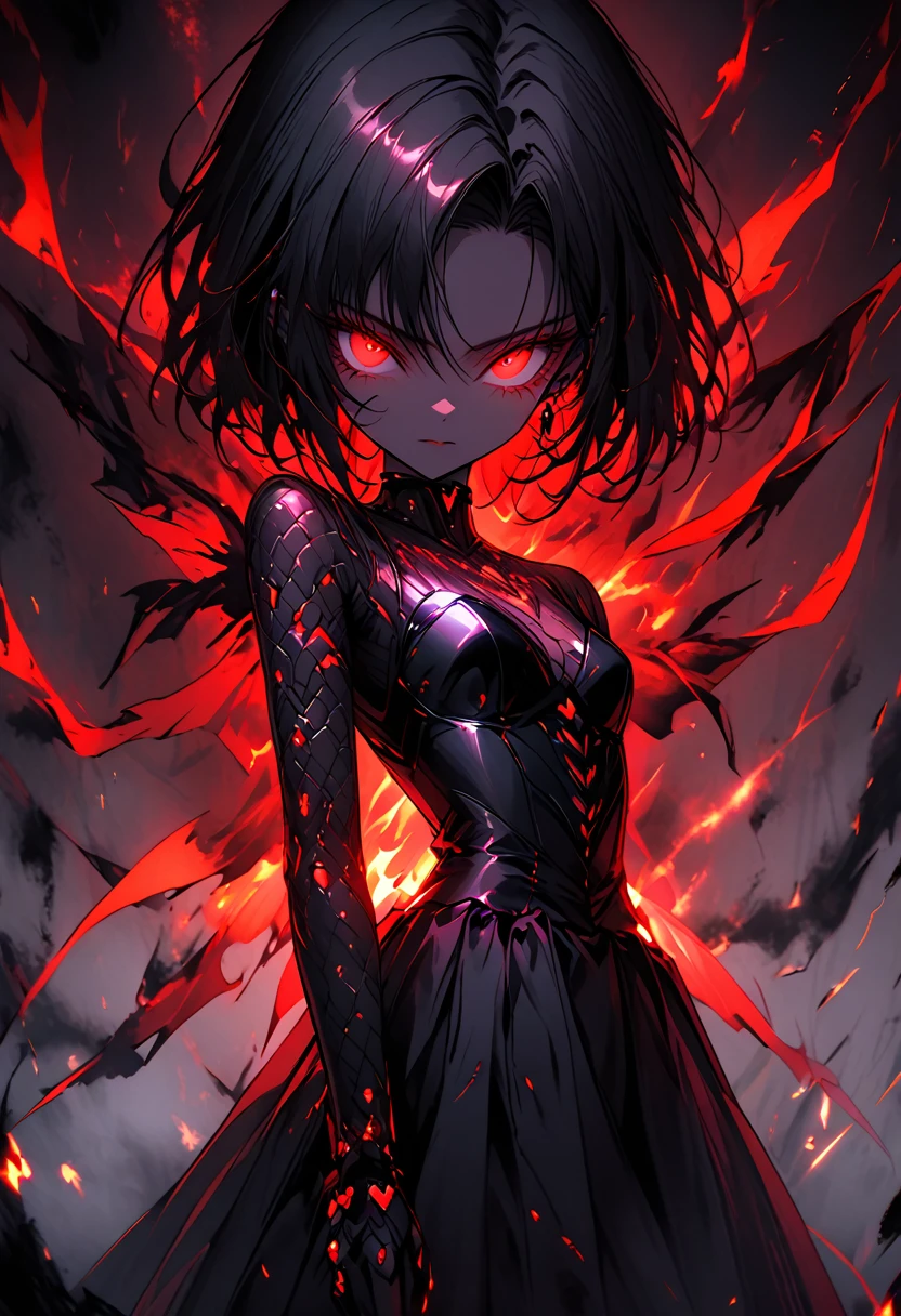 A glowing sexy android 18 dbz dark girl who flutters between bright red flames and iridescent vagalumes under a terrifying and dark sky. [Image of a glowing fairy between black fog and iridescent lights]