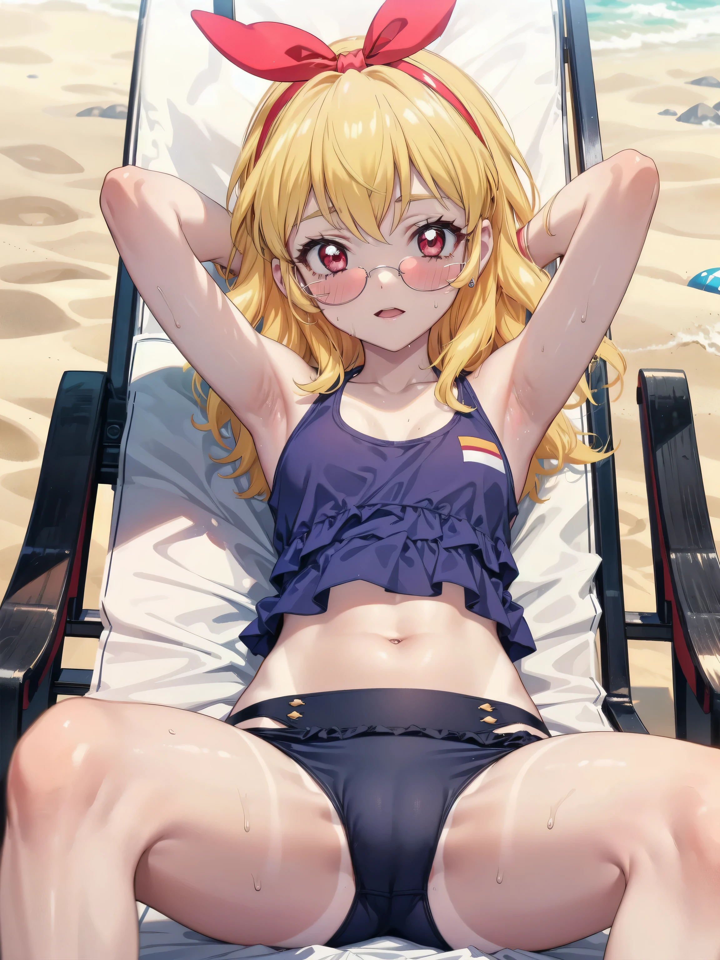 a GIRL in a white tank top on a beach chair with sunglasses on, 1girl, swimsuit, bikini, tan, tanlines, solo, blush, micro bikini, , navel, lying, on back, one-piece tan, arm up, blonde hair, armpits, spread legs, sweat, red eyes, looking at viewer, closed mouth,Ichigo Hoshimiya (Aikatsu!),sitting, squating, looking down, look at the viewer, from below