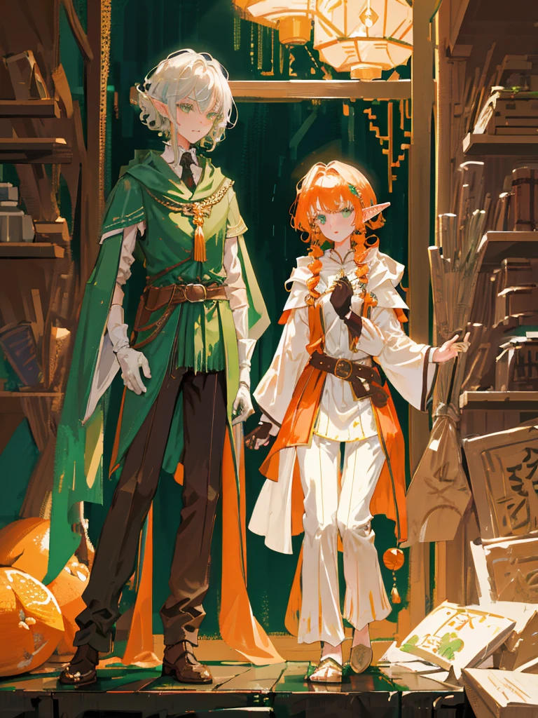 Elf, silver hair, medium hair, medium cut, orange, curly hair, green eyes, slim, fair skin, white robes, green cloak, fingerless gloves, brown pants, belt, androgynous, dignified々 Inside the guild house, an embarrassed face has the expression