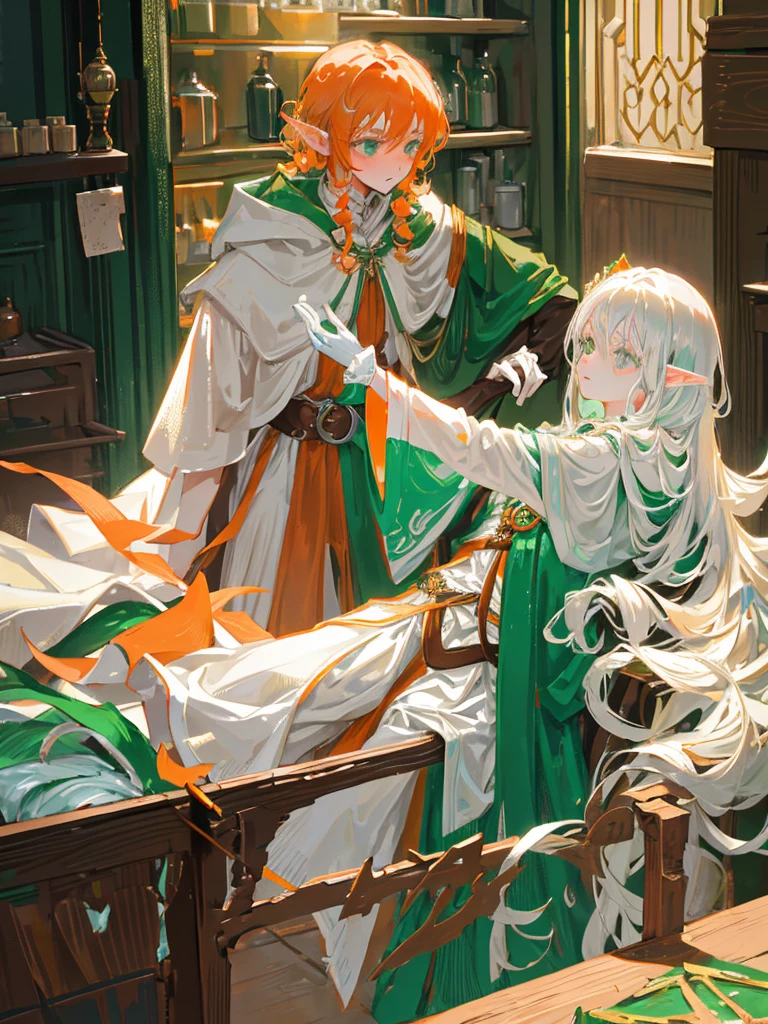 Elf, silver hair, medium hair, medium cut, orange, curly hair, green eyes, slim, fair skin, white robes, green cloak, fingerless gloves, brown pants, belt, androgynous, dignified々 Inside the guild house, an embarrassed face has the expression