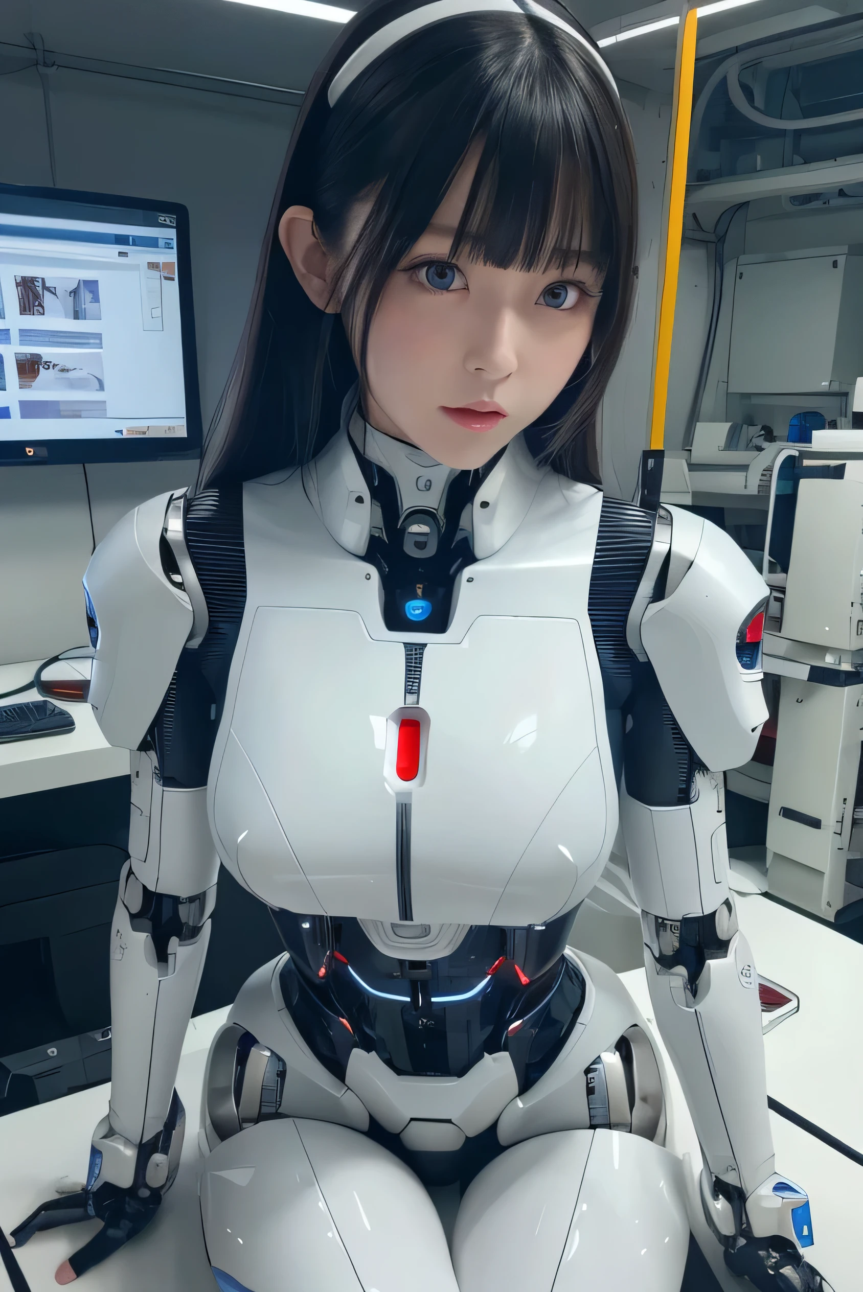 masterpiece, best quality, extremely detailed, Japaese Cyborg Girl,Plump ,navy pleated miniskirt,black tights,control panels,android,Droid,Mechanical Hand, ,clothes with a sense of mechanical technology, Robot arms and legs, Black Robot Parts,Black hair,Mechanical body,Blunt bangs,White abdomen,White robotics parts,tube dress,perfect robot woman,future laboratory,cyber pank,charging spot,android factory,robot factory,cyborg factory,long tube,thick cable connecting her neck,ceramic body ,blue eyes,smechanical body, android,robot humanoid,