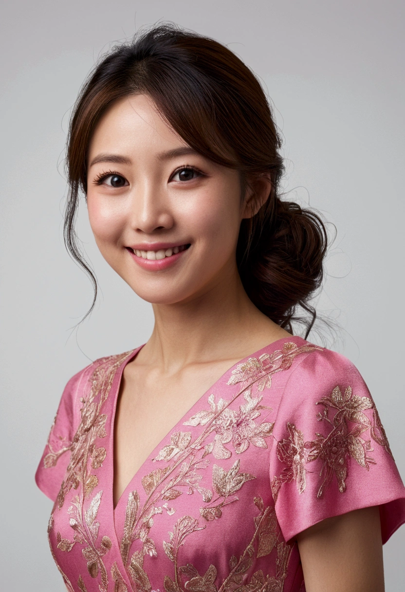 smiling woman with a pink dress standing in front of a white background, this person does not exist, japanese, right - half a cheerful face, slight smile expression, smiling expression, defined facial features, slightly happy facial expression, delicate facial features, no facial features, entire body visible, full body, hyperrealistic, best quality, 8K, real human skin, masterpiece, extremely intricate, medium closeup, detailed eyes, detailed face, detailed body, exaggerated features, pronounced features
