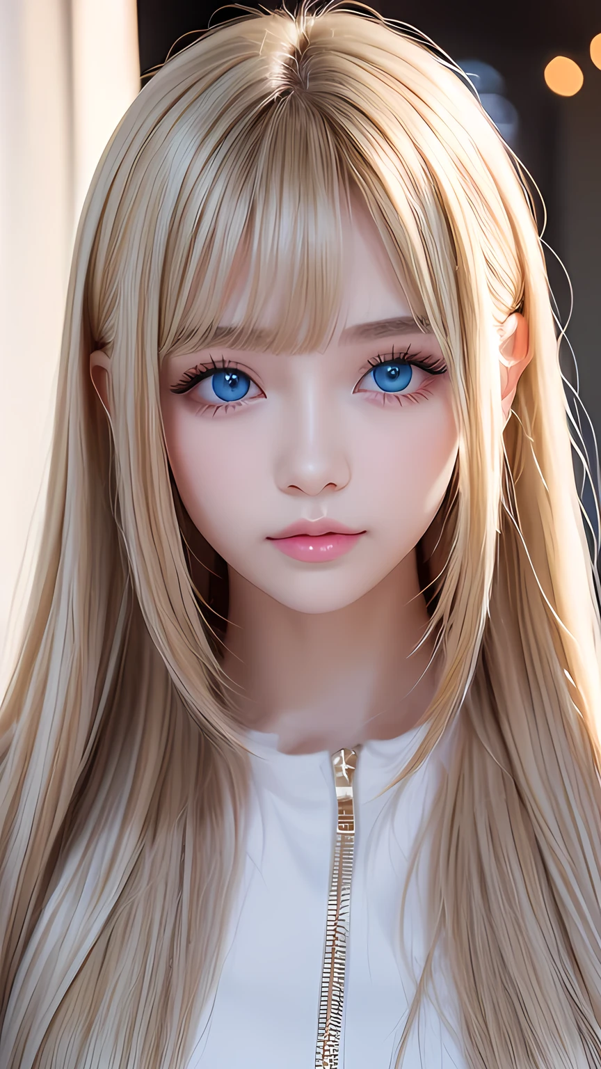 Crystal clear and shiny skin、 cute beautiful face、Very large, beautiful, bright, pale sky blue eyes、Very big eyes、Super long straight hair that shines in the light、Long, silky bangs that cover her cute eyes、Hair that hides sexy features、too long bangs、Sexy and cute young beauty、Super long natural young blonde hair with sparkling highlights Blonde over one eye Blonde over one eye、Blonde hair between the eyes、Cheek gloss highlighter