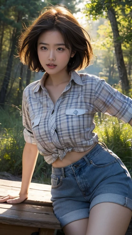 High-resolution images, Highest quality, (Round face), Pause, Realistic eye size, Droopy eyes, Check shirt, (Slap your crotch on the corner of the table、Masturbate), Big Sky, Mountain々, in the forest, sunlight, Very short hair, (Many camping equipment),