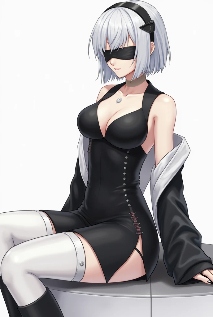 masterpiece, best quality, detailed, ((official style)), (((2B, yorha_no._2_type_b, solo))), /NieR:Automata/, ((black dress)), (white underpants), (black blindfold), (covered eyes), ((mole under mouth)), cleavage cutout, clothing cutout, side slit, thigh boots, white hair, short hair, bob, hair band.