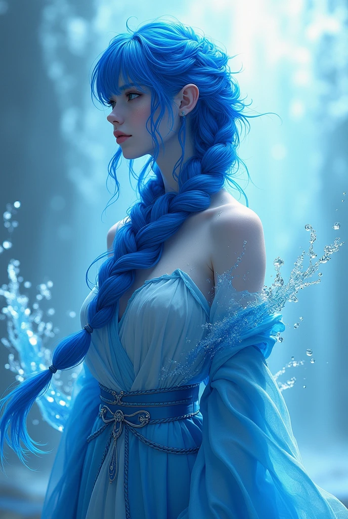 Blue hair with braid blouse with water animation of gamer pants with the water element with water behind with blouse and coat white blouse blue skin 
