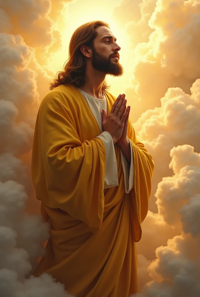 (photorealism:1.2), handsome Jesus Christ, crying while praying in the clouds, wearing yellow king clothes with light in his head and heart spreading all over in the clouds, perfect Jesus Christ, real Jesus Christ, perfect five hands, perfect crying face, elegant, soft lighting, many clouds, stand straight, realistic, intricate details, warm colors, by Earl Cornelio Necor
