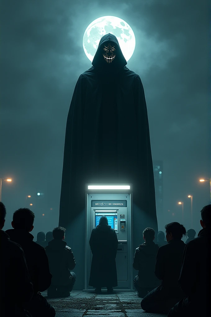 Masked man on atm in night moon is full and everyone is kneeling at him like he is boss