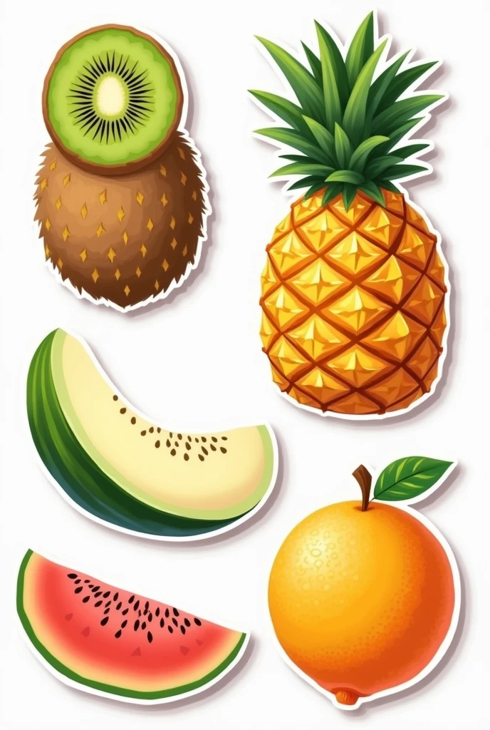 Sticker sheet with kiwi, pineapple, sliced melon, watermelon, papaya, tangerine