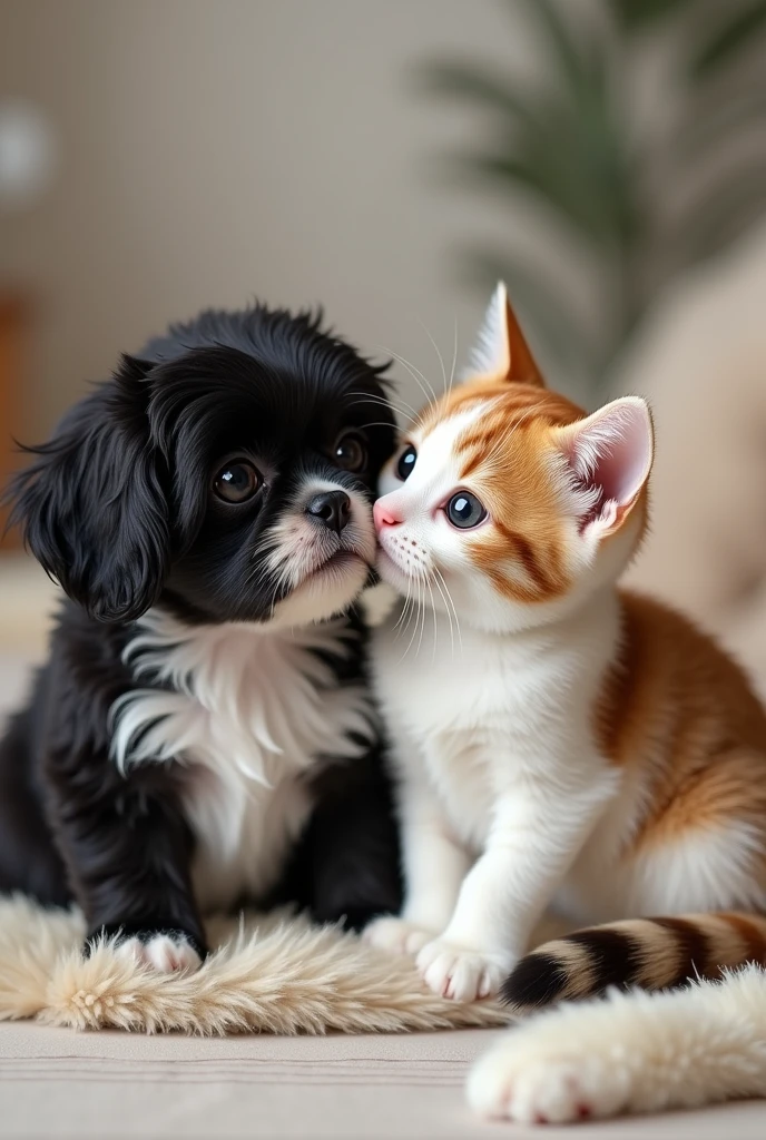 A black and white shitzu dog and a white and orange cat